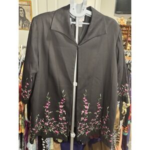 Vintage Victor Costa Womens Black w/ Embroidered Pink Flowers Nehru Jacket 2xl